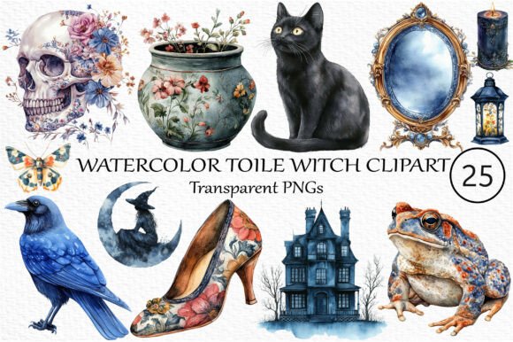 Download Watercolor Toile Witch Clipart Bundle - Clipart bundle Collection